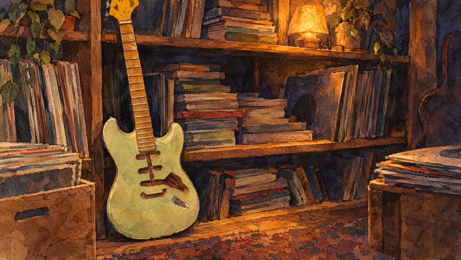 Watercolor of shelves of records and books under a warm lamp.