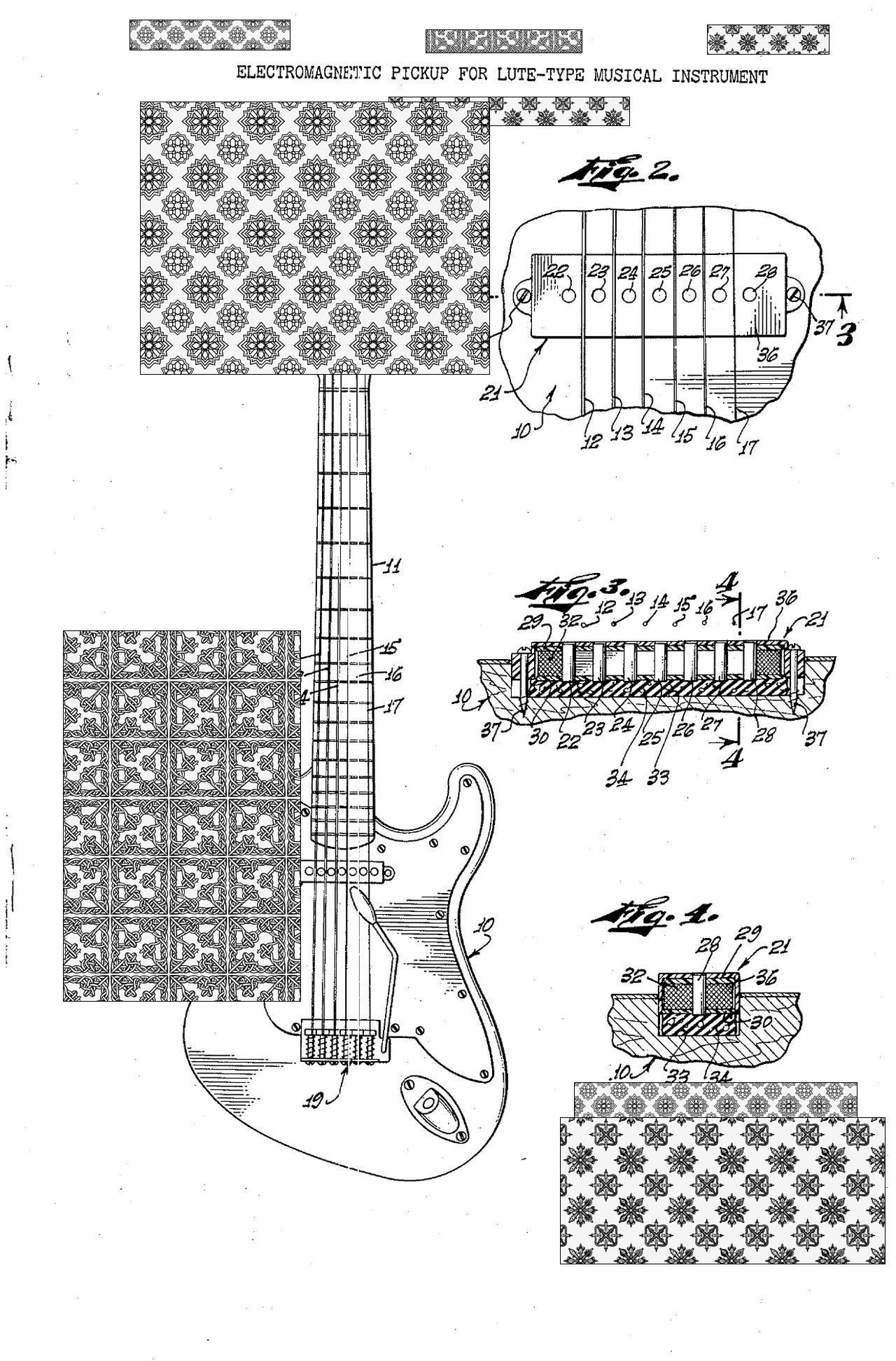 Redacted technical drawing of a six-pole single-coil pickup.